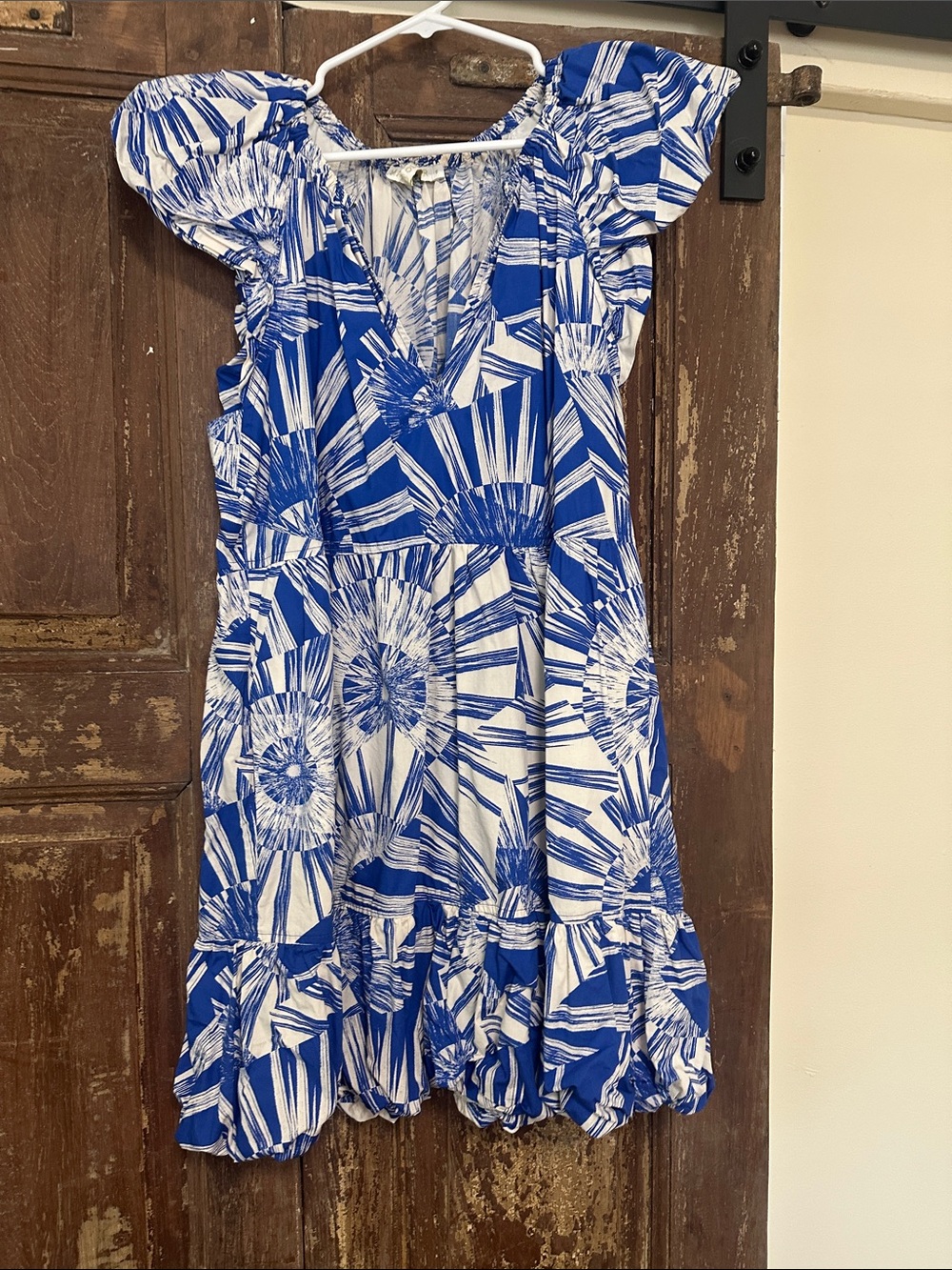 Marie Oliver Blue and White Printed Ruffle Dress